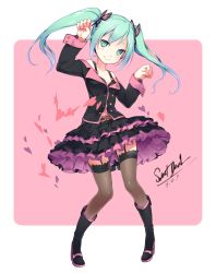 Rule 34 | 1girl, absurdly long hair, anniversary, aqua eyes, aqua hair, artist name, artist request, belt, birthday, black bra, black dress, black footwear, black jacket, black skirt, black thighhighs, blue eyes, blue hair, blvefo9, boots, bow, bra, bra strap, brown thighhighs, butterfly hair ornament, buttons, calf boots, claw pose, clenched hand, collarbone, demon girl, dress, female focus, frilled bra, frilled skirt, frills, full body, garter straps, green eyes, green hair, grin, hair ornament, hair ribbon, happy birthday, hatsune miku, high heel boots, high heels, highres, honey whip (module), jacket, lace, lace-trimmed legwear, lace trim, layered dress, layered skirt, long hair, long sleeves, looking at viewer, matching hair/eyes, miniskirt, nail polish, pigeon-toed, pink belt, pink bow, pink footwear, pink skirt, plaid, plaid dress, plaid skirt, pleated, pleated dress, pleated skirt, project diva (series), project diva f, purple skirt, ribbon, skirt, smile, solo, standing, sweet devil (vocaloid), thighhighs, twintails, two-tone skirt, underwear, v-shaped eyebrows, very long hair, vocaloid, zettai ryouiki