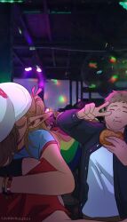 3boys 3girls animal_ears artist_name bar_(place) blonde_hair blush brown_hair chilchuck_tims churroach closed_eyes dungeon_meshi eating elf fake_horns falin_touden flag food helmet highres holding holding_food horned_helmet horns indoors izutsumi kiss laios_touden lgbt_pride marcille_donato multiple_boys multiple_girls photo_background pointy_ears senshi_(dungeon_meshi) v yuri