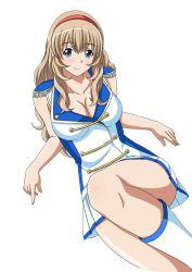 Rule 34 | 00s, 1girl, aqua eyes, breasts, cleavage, collarbone, eyebrows, hairband, ikkitousen, large breasts, light brown hair, long hair, looking at viewer, pleated skirt, red hairband, simple background, skirt, smile, solo, sonken chuubou, white background, white skirt