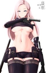 Rule 34 | 1girl, absurdres, arm across chest, bag, black gloves, black shorts, black thighhighs, blue eyes, breasts, closed mouth, commentary, commission, cropped shirt, elbow gloves, english commentary, fingerless gloves, forehead, garter straps, gloves, gun, gunslinger (lost ark), hand on own hip, handgun, highres, holding, holding gun, holding weapon, large breasts, light blush, linea alba, long hair, looking at viewer, lost ark, m16, m16a4, navel, nervous, parted bangs, pink hair, pistol, poolpool, satchel, short shorts, shorts, signature, simple background, solo, thigh gap, thighhighs, trigger discipline, underboob, wavy mouth, weapon, white background
