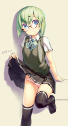 Rule 34 | 1girl, absurdres, black skirt, black sweater, black thighhighs, blue eyes, blue neckwear, bow, bow panties, bowtie, closed mouth, clothes lift, dated, dress shirt, gluteal fold, green hair, hair ornament, hairclip, highres, leg up, lifting own clothes, light frown, looking over eyewear, miniskirt, no shoes, original, panties, pink panties, pleated skirt, print skirt, print thighhighs, shadow, shirt, short sleeves, single horizontal stripe, skirt, skirt lift, solo, standing, standing on one leg, striped bow, striped bowtie, striped clothes, striped neckwear, sweater, sweater vest, thighhighs, underwear, white shirt, wing collar, zhongye yu
