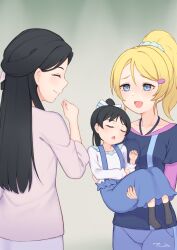 Rule 34 | 3girls, aged down, ayase eli, baby carry, black hair, blonde hair, blue shirt, blush, carrying, closed eyes, commentary request, hazuki hana, hazuki ren, in-franchise crossover, layered sleeves, long sleeves, love live!, love live! superstar!!, multiple girls, open mouth, overalls, ponytail, shirt, short over long sleeves, short sleeves, sleeping, the-prinprince