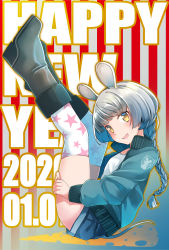 Rule 34 | 1girl, :d, animal ear fluff, animal ears, black footwear, blue jacket, blue shorts, blush, boots, braid, brown eyes, chinese zodiac, comah, commentary request, dated, full body, grey hair, happy new year, highres, jacket, legs up, long hair, mouse ears, mouse girl, mouse tail, new year, open mouth, original, print thighhighs, shirt, short shorts, shorts, smile, solo, star (symbol), star print, tail, teeth, thighhighs, upper teeth only, white shirt, white thighhighs, year of the rat