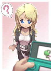 Rule 34 | 1girl, ?, bad id, bad pixiv id, blonde hair, blue eyes, blurry, booth babe, depth of field, handheld game console, jewelry, kou (pixiv 8063), mario (series), necklace, nintendo, nintendo 3ds, nintendo ds, pov, product placement, smile, solo focus, spoken question mark, yabe makoto, yoshi
