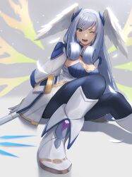 Rule 34 | 1girl, blue eyes, blush, breasts, curly hair, dress, gloves, grey hair, head wings, highres, large breasts, long hair, long sleeves, looking at viewer, medaman, melia antiqua, one eye closed, pantyhose, simple background, smile, solo, wings, xenoblade chronicles (series), xenoblade chronicles 1, xenoblade chronicles 3