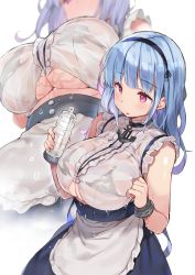Rule 34 | 1girl, apron, azur lane, bare shoulders, black bra, black hairband, blush, bottle, bra, bra visible through clothes, breasts, clothing cutout, commentary request, dido (azur lane), dress, frilled apron, frills, hairband, holding, holding bottle, huge breasts, kibii mocha, lace-trimmed hairband, lace trim, long hair, maid, maid apron, multiple views, open mouth, pink eyes, see-through, silver hair, simple background, sleeveless, sleeveless dress, underboob, underboob cutout, underwear, waist apron, water bottle, wet, wet clothes, white apron, white background