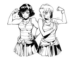 Rule 34 | 2girls, biceps, breasts, character request, closed mouth, clothes around waist, cowboy shot, flexing, girls und panzer, greyscale, hand on own hip, jacket, jacket around waist, medium breasts, monochrome, multiple girls, notice lines, pleated skirt, red shirt, ruukii drift, shirt, short hair, skirt, smile, smug, sweatdrop, toned, wristband