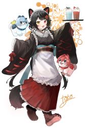 Rule 34 | 1girl, absurdres, ange katrina, animal ears, apron, black hair, black kimono, blue hair, brown footwear, character doll, dog ears, dog girl, dog hair ornament, dog tail, fang, frilled apron, frills, hair ornament, heterochromia, highres, inui toko, japanese clothes, kimono, lize helesta, long hair, long sleeves, low twintails, maid, maid headdress, menthako, nijisanji, paw shoes, red eyes, red hair, red ribbon, ribbon, sebastian piyodore, simple background, solo, tail, tray, twintails, virtual youtuber, wa maid, white background, wide sleeves, yellow eyes