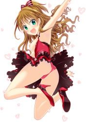 Rule 34 | 10s, 1girl, :d, armpits, ass, blush, bow, breasts, breasts out, brown hair, dress, green eyes, hair bow, heart, high heels, hino akane (idolmaster), idolmaster, idolmaster cinderella girls, jumping, long hair, looking at viewer, looking back, nipples, open clothes, open mouth, orange hair, outstretched arms, panties, pantyshot, pink panties, ponytail, saki chisuzu, shoes, smile, solo, underwear, very long hair