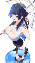 1girl absurdres adjusting_hair alternate_costume ass bangom_r black_skirt black_socks blue_eyes blue_hair blue_sky blunt_bangs blunt_ends breasts cloud collared_shirt colored_inner_hair commentary fingernails from_above full_body hair_intakes hand_up highres hime_cut holding holding_umbrella hololive hololive_english huge_breasts kneehighs lapels loafers long_hair looking_at_viewer miniskirt multicolored_hair notched_lapels official_alternate_costume open_mouth ouro_kronii panties pantyshot pantyshot_through_reflection pleated_skirt puddle reflection reflective_water shirt shirt_tucked_in shoes sidelocks simple_background skirt sky sleeveless sleeveless_shirt socks solo transparent transparent_umbrella umbrella underwear virtual_youtuber walking wet wet_clothes wet_shirt white_background white_panties white_shirt