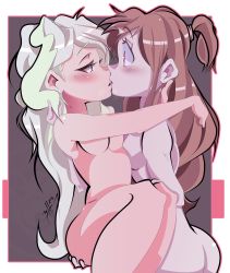 Rule 34 | 2girls, ass, autaku, blue eyes, blush, breasts, brown hair, butt crack, carrying, couple, diana cavendish, eye contact, female focus, green hair, grey background, half-closed eyes, highres, hug, kagari atsuko, kiss, little witch academia, long hair, looking at another, medium breasts, multicolored hair, multiple girls, neck, nude, ponytail, princess carry, red eyes, silver hair, surprised, two-tone hair, very long hair, wide-eyed, yuri