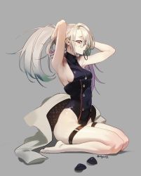 Rule 34 | 1girl, armpits, bare legs, bare shoulders, barefoot, breasts, coat, unworn coat, commentary request, cross, girls&#039; frontline, glasses, grey background, grey hair, hair ornament, hair over one eye, highleg, highleg leotard, hk21 (girls&#039; frontline), jewelry, korean commentary, leotard, long hair, olys, purple eyes, round eyewear, simple background, solo, thigh strap, twintails