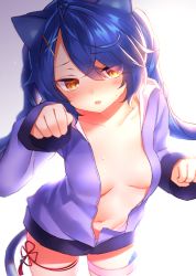 Rule 34 | 1girl, ahoge, amamiya kokoro, animal ears, blue hair, blue hoodie, blurry, blush, breasts, cat ears, collarbone, commentary, cowboy shot, depth of field, fang, gradient background, groin, hair ornament, hairclip, highres, hood, hoodie, kemonomimi mode, leg ribbon, long hair, medium breasts, navel, neit ni sei, nijisanji, no bra, open clothes, open hoodie, open mouth, paw pose, red ribbon, ribbon, scales, simple background, single thighhigh, skin fang, solo, sweat, thigh ribbon, thighhighs, twintails, very long hair, virtual youtuber, yellow eyes