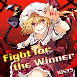 Rule 34 | album cover, ascot, bad source, blonde hair, blood, blood stain, bow, buttons, checkered clothes, checkered skirt, claw pose, collared shirt, cover, crystal, crystal wings, english text, fangs, fingernails, flandre scarlet, frilled cuffs, frilled hat, frilled shirt collar, frilled skirt, frilled sleeves, frills, gradient background, hat, hat ribbon, iosys, laevatein (touhou), layered skirt, mob cap, nail polish, non-web source, official art, one side up, open clothes, open mouth, open vest, plant, puffy short sleeves, puffy sleeves, red background, red bow, red eyes, red nails, red ribbon, red skirt, red vest, ribbon, sharp fingernails, shirt, short sleeves, side ponytail, skirt, skirt set, sleeve bow, sleeve ribbon, slit pupils, smile, source request, touhou, touhou cannonball, uruu gekka, vest, vines, white hat, white shirt, white wrist cuffs, wrist cuffs, yellow ascot