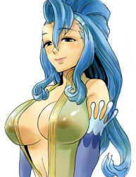 Rule 34 | 1girl, bare shoulders, blue eyes, blue hair, breasts, center opening, cleavage, elbow gloves, gloves, huge breasts, large breasts, long hair, matching hair/eyes, mimonel, original, see-through, simple background, smile, solo