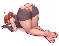 Rule 34 | 1girl, absurdres, ass, asura (asurauser), barefoot, brown hair, character request, feet, from behind, gloves, highres, long hair, looking back, shorts, soles, solo, toes, top-down bottom-up, torn clothes, white background