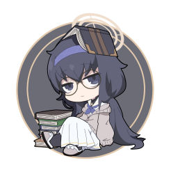 Rule 34 | 1girl, bags under eyes, black eyes, black hair, black pantyhose, blue archive, blue hairband, blue neckerchief, book, book stack, brown-framed eyewear, chibi, closed mouth, commentary request, full body, glasses, grey footwear, grey jacket, hairband, halo, jacket, jitome, long hair, long sleeves, neckerchief, nyaru (nyaru 4126), on head, open book, outside border, pantyhose, pleated skirt, puffy long sleeves, puffy sleeves, round eyewear, round image, sailor collar, shirt, skirt, sleeves past wrists, slippers, solo, ui (blue archive), very long hair, white sailor collar, white shirt, white skirt