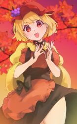Rule 34 | 1girl, aki minoriko, apron, autumn, black skirt, blonde hair, blurry, blurry background, food-themed hair ornament, gradient sky, grape hair ornament, hair ornament, hat, highres, leaf, looking at viewer, maple leaf, mob cap, red apron, red eyes, red hat, short hair, skirt, sky, solo, thighs, touhou, twilight, uchiyasa, wide sleeves