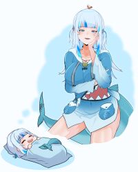 Rule 34 | 1girl, aged up, alternate breast size, blue eyes, blue hair, blunt bangs, blush, breasts, dreaming, ebi-chan (gawr gura), fins, fish tail, gawr gura, gawr gura (1st costume), grey hair, hair ornament, highres, hololive, hololive english, large breasts, long hair, looking at viewer, moral cacoethes, multicolored hair, open mouth, shark girl, shark tail, shrimp, smile, streaked hair, tail, teeth, two side up, virtual youtuber