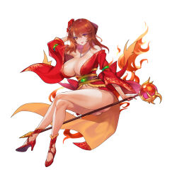 Rule 34 | 1girl, ass, bare legs, bare shoulders, bow, breasts, cleavage, covered erect nipples, crossed legs, eyeshadow, fire, flower, full body, gold trim, hair bow, hair flower, hair ornament, high heels, highres, holding, holding scepter, japanese clothes, jewelry, kimono, large breasts, legs, long hair, makeup, mole, mole under eye, nail polish, navel, necklace, no panties, obi, open clothes, open kimono, orange eyes, orange hair, orb, original, parted lips, pearl necklace, pink nails, q azieru, red flower, red rose, rose, sash, scepter, sitting, smile, solo, thighlet, white background