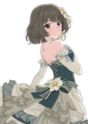 Rule 34 | 1girl, absurdres, back, bare shoulders, blue eyes, bow, breasts, brown hair, choker, commentary, cross-laced clothes, dress, elbow gloves, ezusa, flower, gloves, green bow, green dress, green eyes, hair flower, hair ornament, hand on own chest, heterochromia, highres, idolmaster, idolmaster cinderella girls, idolmaster cinderella girls starlight stage, looking back, medium breasts, mole, mole under eye, sash, short hair, simple background, smile, solo, swept bangs, takagaki kaede, white background, white gloves
