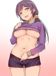 Rule 34 | 1girl, areola slip, blue shorts, breasts, clothes lift, cowboy shot, cropped jacket, duke (inu daimyou), green eyes, hair ornament, hair scrunchie, hand on own chest, jacket, jacket lift, large breasts, long hair, long sleeves, looking at viewer, love live!, love live! school idol project, open mouth, panties, panty peek, print shorts, purple hair, purple jacket, scrunchie, short shorts, shorts, smile, solo, star (symbol), star print, stomach, tojo nozomi, turtleneck, twintails, underboob, underwear, yellow scrunchie