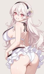 1girl ass back bikini bikini_skirt black_hairband blush breasts corrin_(female)_(fire_emblem) corrin_(female)_(novice_vacationer)_(fire_emblem) corrin_(fire_emblem) fire_emblem fire_emblem_fates fire_emblem_heroes flower grey_hair hair_between_eyes hair_flower hair_ornament hairband highres large_breasts long_hair looking_at_viewer n_54 nintendo official_alternate_costume pointy_ears red_eyes smile solo swimsuit underboob white_bikini white_hair