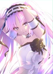 Rule 34 | 1girl, arms up, bad id, bad pixiv id, bare shoulders, black bow, black flower, black rose, bow, breasts, choker, closed mouth, collarbone, commentary request, dress, fate/grand order, fate/hollow ataraxia, fate (series), flower, frilled choker, frilled hairband, frills, hair between eyes, hairband, highres, long hair, navy (navy.blue), parted bangs, pink hair, purple eyes, ribbon-trimmed hairband, ribbon trim, rose, small breasts, smile, solo, stheno (fate), strapless, strapless dress, twintails, very long hair, white choker, white dress, white hairband