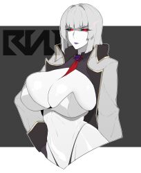 1girl black_gloves black_sclera breasts cero_rains cleavage collared_jacket colored_sclera decepticon genderswap genderswap_(mtf) gloves highleg highleg_panties highres jacket large_breasts megatron necktie pale_skin panties personification purple_lips red_eyes short_hair simple_background transformers underwear