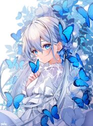 Rule 34 | 1girl, blue butterfly, blue eyes, blush, bow, bug, butterfly, commentary, dress, earrings, grey hair, hair between eyes, highres, insect, jewelry, long hair, original, solo, symbol-only commentary, white bow, white dress, yuniiho