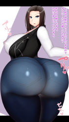 Rule 34 | 1girl, ass, bang dream!, blue eyes, breasts, brown hair, curvy, denim, covered erect nipples, from behind, highres, huge ass, huge breasts, jacket, japanese clothes, jeans, long hair, looking at viewer, looking back, pants, pantylines, shirt, solo, thick thighs, thighs, wakana rei, white shirt, wide hips, yeneisha