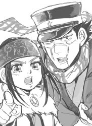 Rule 34 | 1boy, 1girl, ainu, ainu clothes, asirpa, bandana, black eyes, black hair, blush, cape, commentary request, ear piercing, earrings, facial scar, fur cape, golden kamuy, greyscale, hat, headband, holding, holding person, hoop earrings, imperial japanese army, jewelry, kepi, long hair, looking at viewer, military, military hat, military uniform, monochrome, open mouth, osmt328, piercing, pointing, pointing at viewer, scar, scar on cheek, scar on face, scar on mouth, scar on nose, scarf, short hair, sidelocks, simple background, spiked hair, star (symbol), sugimoto saichi, uniform, upper body, white background