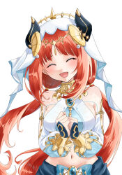 1girl :d ^_^ blue_gemstone blush breasts closed_eyes commentary commentary_request crop_top gem genshin_impact gold_trim highres long_sleeves medium_breasts navel nilou_(genshin_impact) open_mouth own_hands_together parted_bangs partial_commentary puffy_long_sleeves puffy_sleeves red_hair ruru_(pixiv76595197) sideboob simple_background smile solo stomach striped_clothes upper_body veil vertical-striped_clothes white_background white_veil