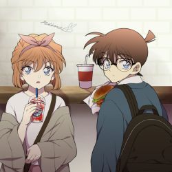Rule 34 | 1boy, 1girl, backpack, bag, black-framed eyewear, blue eyes, blue jacket, bow hairband, brown coat, brown hair, burger, casual, child, coat, commentary, counter, cup, dessert, disposable cup, drinking straw, edogawa conan, food, glasses, haibara ai, hairband, highres, holding, holding cup, jacket, long sleeves, looking at viewer, looking back, meitantei conan, niina 1oo9, off shoulder, pink hairband, school bag, shirt, short hair, shoulder bag, signature, white shirt, wide sleeves