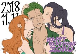 Rule 34 | 1boy, 2018, 2girls, 7sun, bare shoulders, black hair, character name, closed eyes, commentary request, dated, earrings, english text, hand on another&#039;s head, happy birthday, highres, japanese clothes, jewelry, kiss, kissing cheek, long hair, multiple girls, nami (one piece), nico robin, one eye closed, one piece, open mouth, orange hair, ponytail, roronoa zoro, scar, scar across eye, scar on chest, scar on face, short hair, simple background, teeth, white background