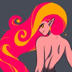 Rule 34 | 1girl, akairiot, back, bare back, brenna (akairiot), colored sclera, colored skin, eyelashes, fiery hair, fire, from behind, grey background, looking to the side, original, pointy ears, red eyes, red skin, shoulder blades, simple background, smile, smirk, solo, upper body, yellow sclera