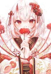 Rule 34 | 1girl, blush, chrysanthemum print, commentary request, covering own mouth, floral print, flower, hair flower, hair ornament, hands up, highres, holding, holding flower, horns, japanese clothes, kimono, long sleeves, looking at viewer, mochiicheeks, multicolored hair, oni horns, original, print kimono, red eyes, red flower, red hair, red ribbon, ribbon, silver hair, solo, spider lily, streaked hair, tears, upper body, white kimono