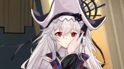 Rule 34 | 1girl, 1other, arknights, black headwear, clothing cutout, doctor (arknights), grey hair, hair between eyes, hand on another&#039;s cheek, hand on another&#039;s face, highres, long hair, long sleeves, long wuxian, looking at viewer, parted lips, pov, red eyes, shoulder cutout, solo focus, specter (arknights), upper body