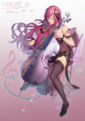 Rule 34 | 10s, 1girl, 2016, cello, chair, cian yo, dated, closed eyes, full body, highres, instrument, long hair, megurine luka, megurine luka (vocaloid4), music, musical note, pink hair, playing instrument, sitting, solo, thighhighs, treble clef, v4x, very long hair, vocaloid
