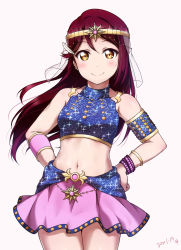Rule 34 | 1girl, arabian clothes, armlet, bare shoulders, blush, bracelet, breasts, circlet, closed mouth, collarbone, commentary request, cowboy shot, crop top, dated, earrings, hair flip, hands on own hips, highres, jewelry, long hair, looking at viewer, love live!, love live! school idol festival, love live! school idol project, miniskirt, navel, orange eyes, pink skirt, red hair, sakurauchi riko, see-through, shiimai, simple background, skirt, sleeveless, small breasts, smile, solo, stomach, veil, white background