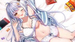 Rule 34 | 1girl, ;d, ahoge, arm up, armpits, bare shoulders, bed sheet, blue jacket, breasts, camisole, chips (food), cleavage, clothes lift, collarbone, commission, fang, food, grey hair, hair ornament, hairclip, jacket, large breasts, long hair, long sleeves, looking at viewer, lying, midriff, multicolored hair, navel, nintendo switch, off shoulder, omuretsu, on back, one eye closed, open clothes, open jacket, open mouth, orange eyes, original, potato chips, shirt, shirt lift, short shorts, shorts, skeb commission, sleeveless, sleeveless shirt, smile, solo, spaghetti strap, stomach, streaked hair, thighs, underboob, very long hair, white shirt, white shorts