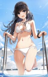 Rule 34 | 1girl, :d, bare shoulders, barefoot, bikini, black hair, black scrunchie, blue eyes, blue sky, breasts, chair, cloud, commentary request, commission, day, feet, front-tie bikini top, front-tie top, halterneck, highres, kurokuro illust, light blush, light rays, long hair, looking at viewer, lounge chair, medium breasts, navel, open mouth, original, outdoors, pool, pool ladder, scrunchie, side-tie bikini bottom, skeb commission, sky, smile, solo, stomach, sunbeam, sunlight, swimsuit, toes, umbrella, water, white bikini, wrist scrunchie
