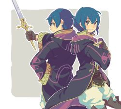 Rule 34 | 1boy, 1girl, aisutabetao, bad id, bad twitter id, blue hair, book, cloak, dual persona, fire emblem, fire emblem awakening, genderswap, genderswap (mtf), holding, holding weapon, looking at viewer, morgan (female) (fire emblem), morgan (fire emblem), morgan (male) (fire emblem), nintendo, simple background, smile, sword, weapon