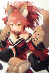 Rule 34 | 1girl, animal ear fluff, animal ears, animal hands, bell, belt collar, black thighhighs, blush, bow, breasts, cleavage, collar, detached sleeves, dress, fang, fate/grand order, fate (series), fox ears, fox girl, fox tail, gloves, hair bow, highres, japanese clothes, kimono, looking at viewer, medium breasts, neck bell, nishikiya, open mouth, paw gloves, paw shoes, pink hair, ponytail, red bow, red collar, red kimono, sash, short kimono, simple background, sleeveless, sleeveless dress, sleeveless kimono, smile, solo, tail, tamamo (fate), tamamo cat (fate), tamamo cat (first ascension) (fate), thighhighs, white background, wide sleeves, yellow eyes