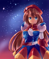Rule 34 | 1girl, alternate eye color, android, beret, blue eyes, blush, breasts, brown hair, capcom, dress, gloves, hair between eyes, hand on own chest, hat, highres, iris (mega man), long hair, looking at viewer, medium breasts, mega man (series), mega man x4, mega man x (series), military hat, night, night sky, sky, solo, star (sky), starry sky, t-miyachi, white gloves
