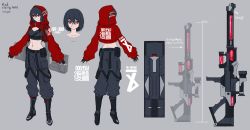 Rule 34 | 1girl, belt pouch, black hair, boots, box (hotpppink), case, character sheet, commentary request, cropped jacket, cross-laced footwear, expressionless, flat color, full body, grey background, gun, hood, hood up, midriff, multiple views, original, pants, pouch, red eyes, rifle, ripples, scar, scope, short hair, tsurime, weapon