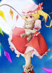 Rule 34 | 1girl, apron, bad id, bad pixiv id, blonde hair, bobby socks, covering own mouth, flandre scarlet, full moon, hat, hat ribbon, hugging doll, hugging object, looking down, mary janes, mob cap, moon, night, night sky, puffy short sleeves, puffy sleeves, red eyes, ribbon, shiunga315, shoes, short hair, short sleeves, side ponytail, skirt, skirt set, sky, slit pupils, socks, solo, stuffed animal, stuffed toy, teddy bear, touhou, waist apron, wings