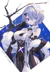 Rule 34 | 1girl, absurdres, arknights, artist name, bare shoulders, black dress, black gloves, blue background, breasts, chinese commentary, closed mouth, commentary request, cowboy shot, cross, dated, detached collar, dress, elbow gloves, eyepatch, feather boa, gloves, hair ornament, hair over one eye, hands up, highres, kami otona, large breasts, long hair, looking at viewer, medical eyepatch, official alternate costume, one eye covered, pelvic curtain, purple eyes, purple hair, sleeveless, sleeveless dress, snowing, solo, tree, whisperain (arknights), whisperain (tremble cold) (arknights), white background, x hair ornament