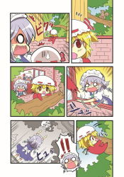 Rule 34 | !, !!, + +, 3girls, :o, apron, arms up, baby, blonde hair, blue skirt, brick wall, climbing, colonel aki, comic, empty eyes, falling, flandre scarlet, hat, izayoi sakuya, jumping, maid apron, mob cap, multiple girls, o o, open mouth, open window, pacifier, red eyes, remilia scarlet, skirt, squirrel, standing, sweatdrop, time stop, touhou, tree, wide-eyed, window, aged down