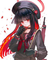Rule 34 | 1girl, absurdres, assault rifle, beret, black beret, black choker, black gloves, black hair, black serafuku, blue archive, blunt bangs, blush, choker, collarbone, colored inner hair, eyelashes, falling petals, gloves, gun, halo, hat, highres, holding, holding weapon, justice task force member (blue archive), looking at viewer, multicolored hair, neckerchief, petals, qc6, red eyes, red hair, red halo, red neckerchief, red petals, rifle, school uniform, serafuku, simple background, solo, weapon, white background